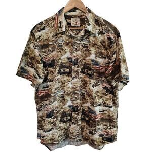 Red Head Button Up Shirt Mens Large Brown Camo USA Military Tanks Helicopters